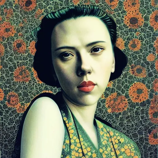 Image similar to “ scarlett johansson portrait by ikenaga yasunari and ayana otake and ko rakusui, 6 0 s poster, drawing, realistic, sharp focus, japanese, dreamy, nostalgia, faded, golden hues, floral clothes, porcelain skin ”