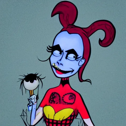 Prompt: Classic Harley Quinn in the style of Tim Burton, BTAS Harley Quinn, Claymation, Tim Burton, Tim Burton Artstyle