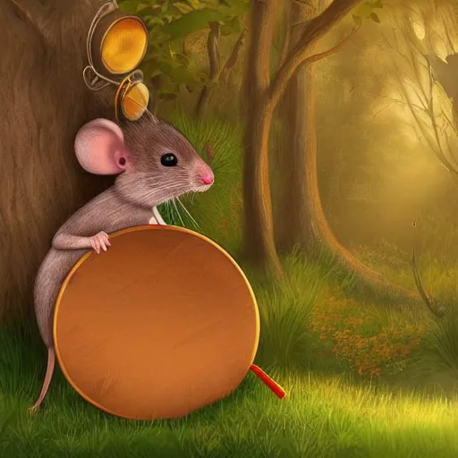 Image similar to mouse with drum, fantasy forrest background, golden hour, digital art, medium shoot