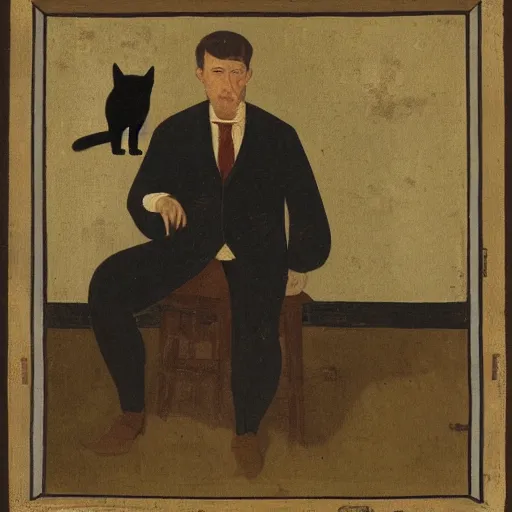 Prompt: a portrait of a man and a cat in a wide room. the cat is sitting below the man