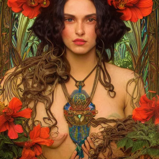 Image similar to face portrait of a beautiful alluring female aztec queen in a dense jungle at sunset, detailed, centered, digital painting, artstation, concept art, donato giancola, Dante Gabriel Rossetti, alphonse mucha, Joseph Farquharson, Joseph Christian Leyendecker, WLOP, Boris Vallejo, Breathtaking, 8k resolution, extremely detailed, beautiful, establishing shot, artistic, hyperrealistic, beautiful face, octane render