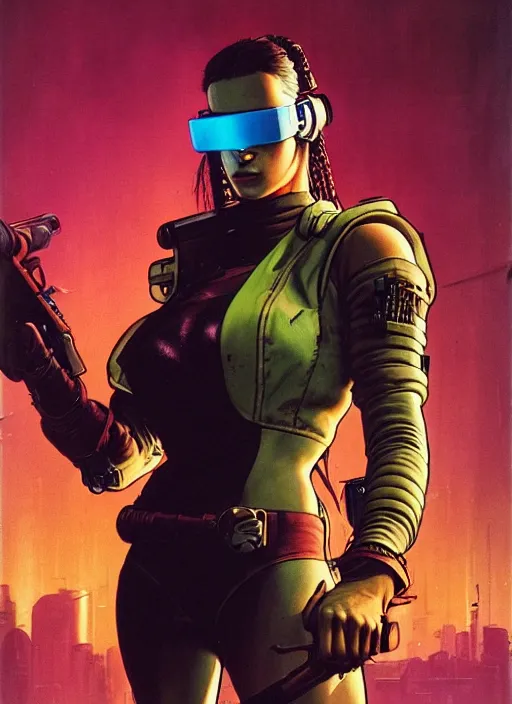 Image similar to cyberpunk mercenary. portrait by stonehouse and mœbius and will eisner and gil elvgren and pixar. realistic proportions. cyberpunk 2 0 7 7, apex, blade runner 2 0 4 9 concept art. cel shading. attractive face. thick lines.