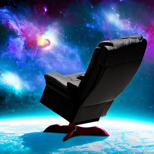 Prompt: recliner chair floating in space, space galaxy background, dramatic lighting, nebula, james webb telescope images