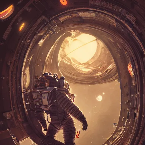 Image similar to an epic portrait of an astronaut entering the enchanted rabbit hole of wonderland, cinematic lighting, trending on Artstation, highly detailed, insane details