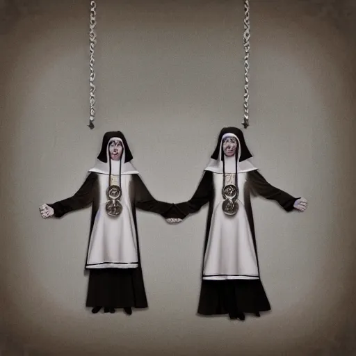 Image similar to award winning photo Floating twin nuns wearing pentgram necklace, Very long arms, in a sanctuary, eerie, frightening —width 1024 —height 1024