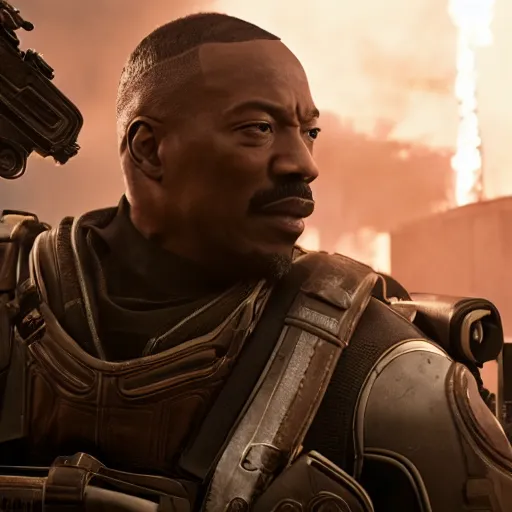 Image similar to eddie murphy in gears of war battlefield 5, splash art, movie still, cinematic lighting, dramatic, octane render, long lens, shallow depth of field, bokeh, anamorphic lens flare, 8 k, hyper detailed, 3 5 mm film grain