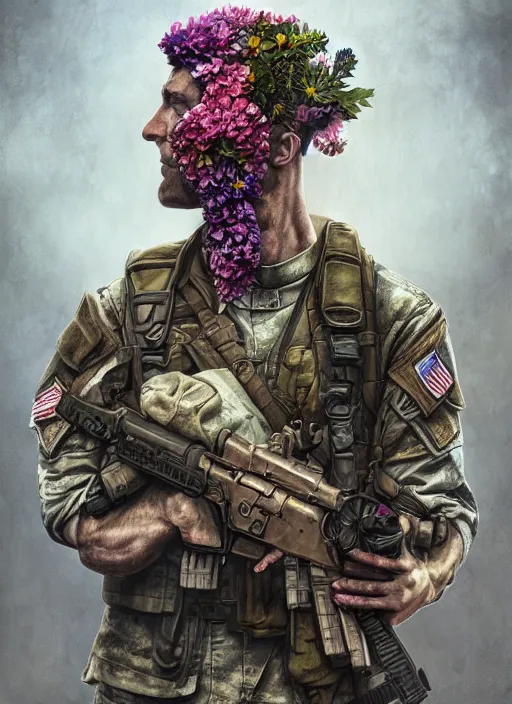 Image similar to handmade character portrait of a serious american soldier man, flowers growing on his face and body, amaratyllis, hydrangea, chrysanthemum, hyacinth, in the style of artgerm and enki bilal and bastien lecouffe - deharme, wlop, line art, watercolor, cinematic lighting, hyperdetailed, hyperrealistic