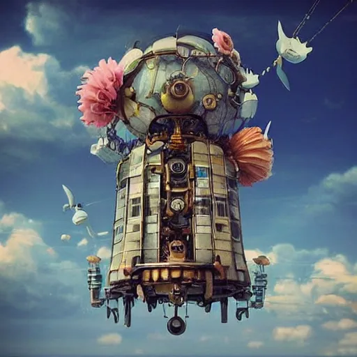 Prompt: flying city in a mechanical flower flower flower flower, sky, steampunk!!!, fantasy art, steampunk, masterpiece, octane, ghibli