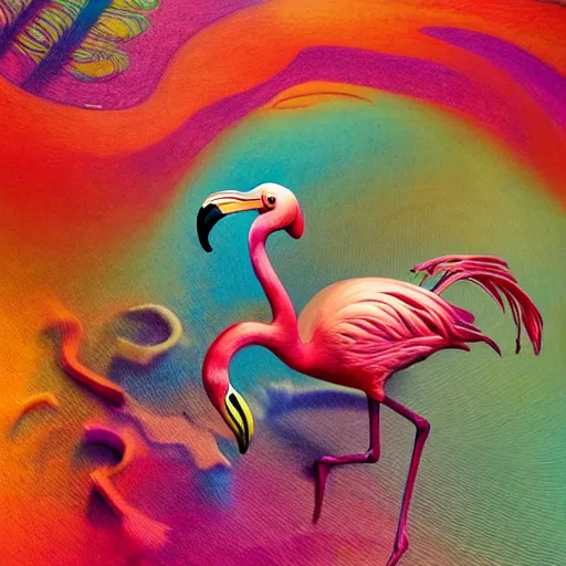 Image similar to hyper detailed 3 d render like an oil painting - a happy toon flamingo in a colorful lsd trip, houdini algorithmic generative render, abstract brush strokes, masterpiece, edward hopper and james gilleard, zdzislaw beksinski, mark ryden, wolfgang lettl, hints of yayoi kasuma, octane render, 8 k