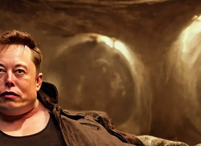 Image similar to elon musk as baron harkonnen in a black oil bath, Dune, Denis Villeneuve, film look