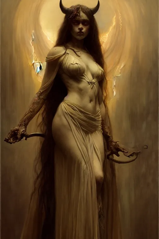 Image similar to a full body portrait of a demon girl wearing gown, high detail, cleary see face, by gaston bussiere, bayard wu, greg rutkowski, odd nerdrum, maxim verehin, realism, dan dos santos, masterpiece, sharp focus, cinematic lightning