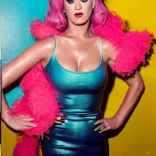 Image similar to oil painting katy perry lashes out at the media while wearing a pink - lemonade and sea blue skin - tight reflective dress, public freak - out, los angeles 2 0 1 5