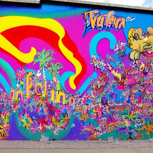 Image similar to fall of the berlin wall, in the style of lisa frank