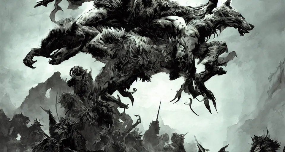 Image similar to king of the wolves. By Travis Charest, James Gurney, and Ashley Wood. dramatic lighting. Magic the gathering. digital painting.