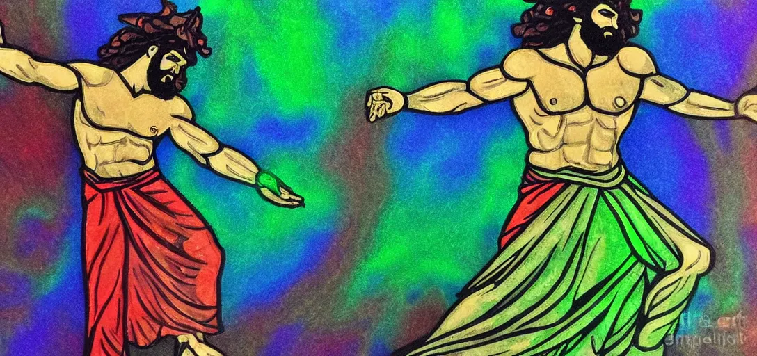 Image similar to an abstract spiritual background, a multiracial greek god dancing with mortals, green eyes. high contrast lines, great detail. 2 4 mm, photorealistic, saturated color scheme