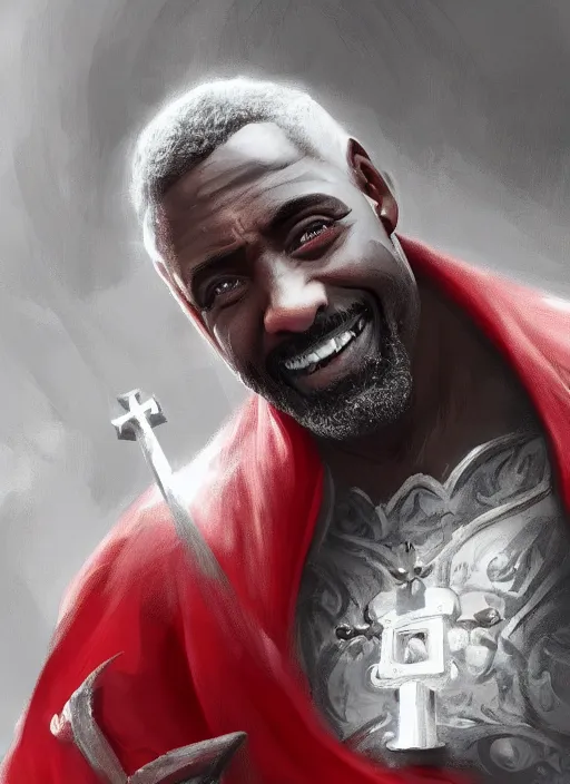 Image similar to a highly detailed illustration of idris elba as a sadistic white haired priest wearing red and white robe, dramatic smiling wielding blade of blood pose, gothic church background, intricate, elegant, highly detailed, centered, digital painting, artstation, concept art, smooth, sharp focus, league of legends concept art, wlop