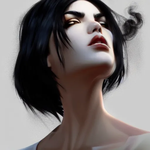 Image similar to woman with black hair, backlit smoke, hard light, cinematic lighting, high detail, made by artgerm, trending on artstation, sharp focus, smooth