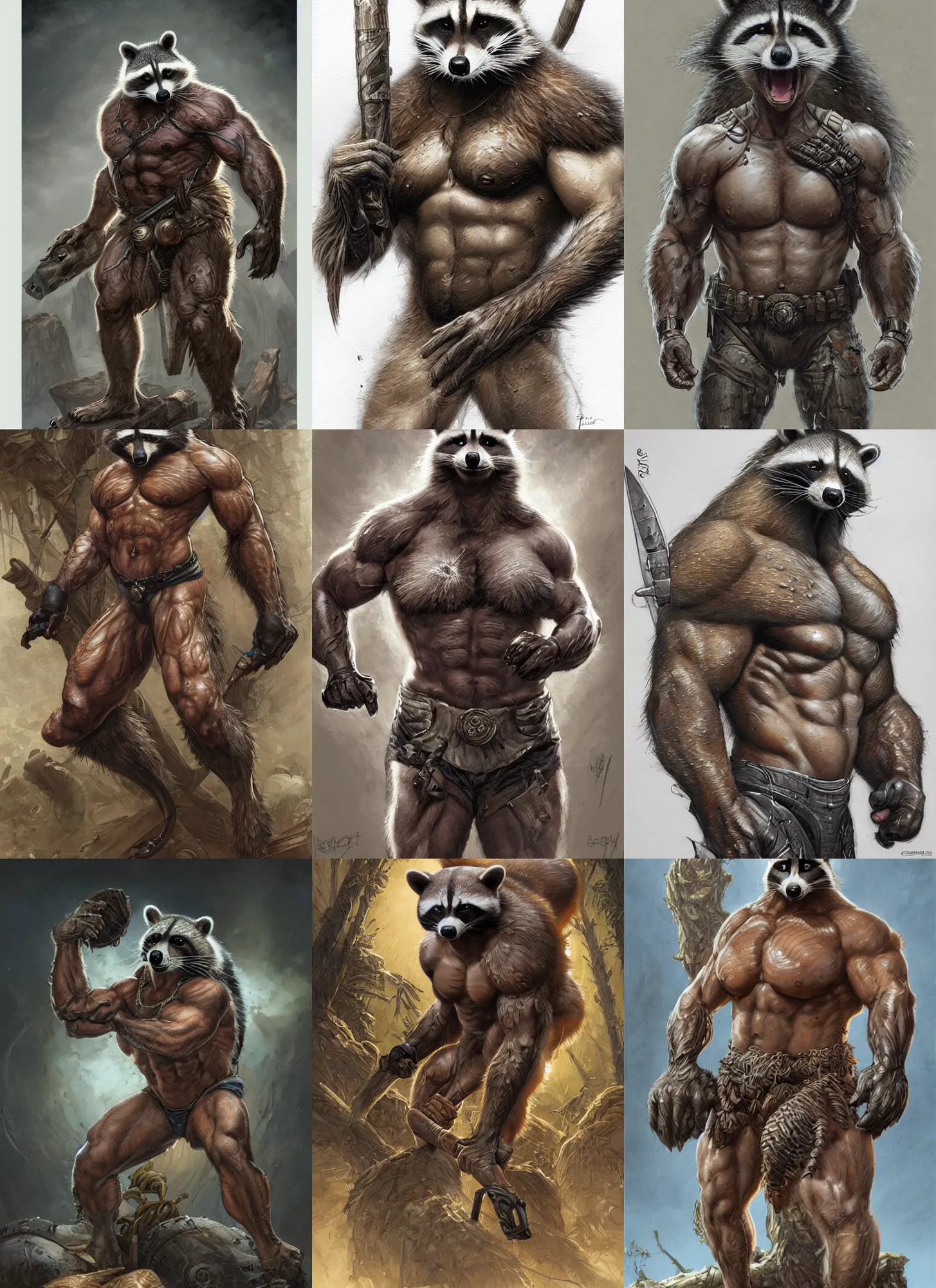 Prompt: An Anthropomorphic racoon as a very muscled rugged looking Amazon, dirty, sweating, intricate, elegant, highly detailed, artstation, concept art, sharp focus, art by artgerm and donato giancola and Joseph Christian Leyendecker, WLOP