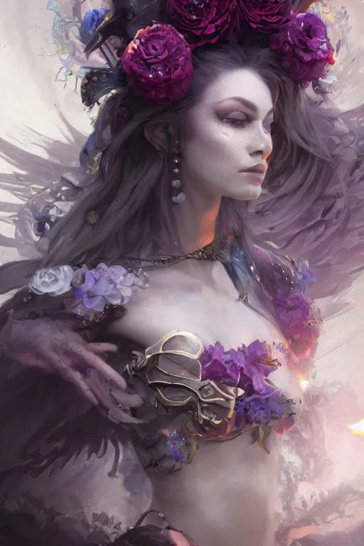 Prompt: face closeup of beautiful girl necromancer, witch - doctor covered with velvet exploding into crystals, angels, 3 d render, hyper realistic detailed portrait, holding magic flowers, ruan jia, wlop. scifi, fantasy, hyper detailed, octane render, concept art, peter mohrbacher
