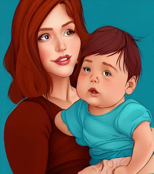 Image similar to a mother with short shoulder length dark auburn hair, short and curvy and a slightly chubby face holding her infant son with short brown hair full color digital illustration in the style of don bluth, artgerm, artstation trending, 4 k