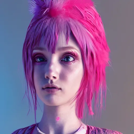 Image similar to girl with an eccentric pink haircut wearing an long dress made of feathers, full character, realistic art work, cgi, anime, 8 k, ultra hd, sketch anime