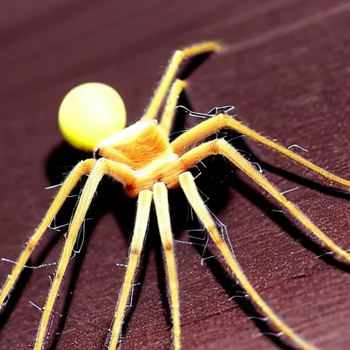 Prompt: a tall spider with long black legs whose body is covered in long blonde hair