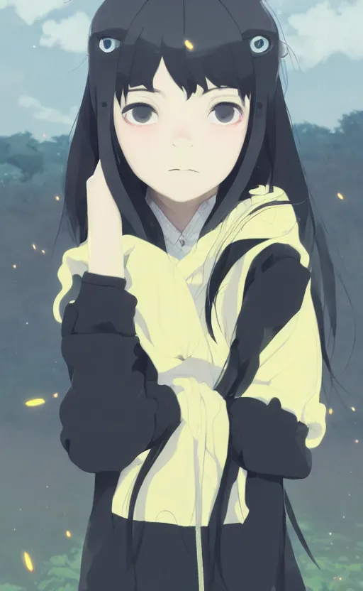 Prompt: a girl wearing black pullover with tribals, symmetrical facial features, school landscape, illustration, concept art, anime key visual, trending pixiv fanbox, by wlop and greg rutkowski and makoto shinkai and studio ghibli and kyoto animation, blue archive, yellow aureole, airsoft gun