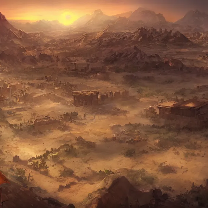 Prompt: large sprawling western town in the middle of a sandy flat desert with a single mountain on the very distant horizon. magic the gathering art, digital media