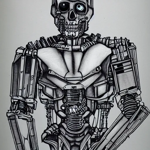 Image similar to a scary horror themed cyborg, drawn with charcoal and pen and ink, half-tone-line-stacking