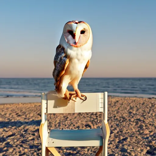 Image similar to barn owl standing in a chair at the beach, canon photo, very detailed, winning award photo, golden hour