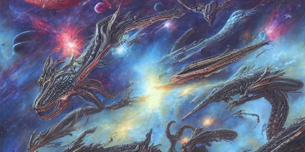 Prompt: alien dragons flying through outer space, epic nebula, asteroid belt, dan seagrave art