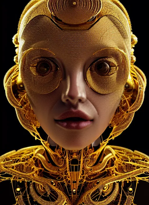 Prompt: portrait of an absurdly beautiful, graceful, sophisticated, fashionable futuristic female golden robot with human eyes and two heads, glowing internal warm light, hyperdetailed illustration by irakli nadar and alexandre ferra, intricate linework, faberge, intricate gold headdress, dark atmosphere, unreal engine 5 highly rendered, global illumination, radiant light, detailed and intricate environment