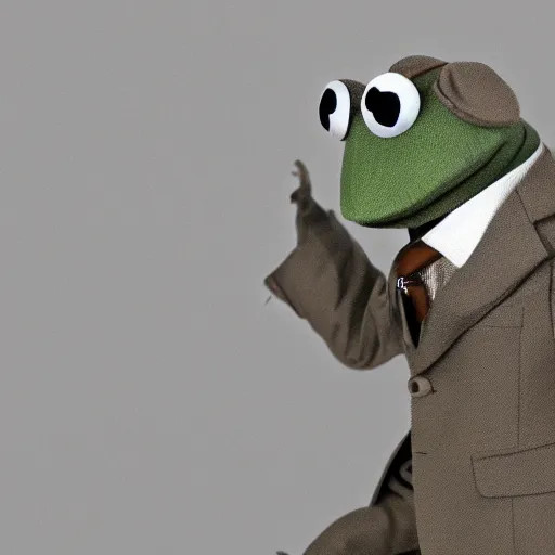 Prompt: a sepia photograph of kermit the frog in a suit