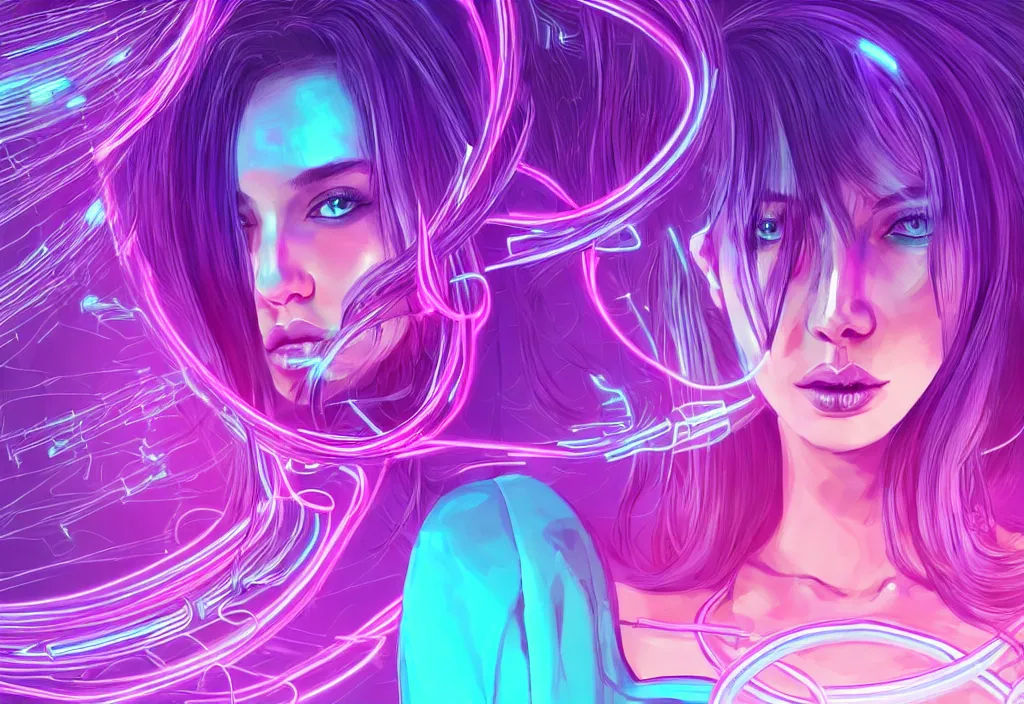 Image similar to a award winning half body portrait of a beautiful woman in a croptop and cargo pants with ombre purple pink teal hairstyle surrounded by whirling illuminated lines, outrun, vaporware, shaded flat illustration, digital art, trending on artstation, highly detailed, fine detail, intricate, sensual, elegant, seductive