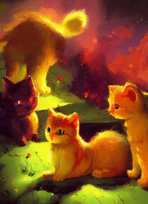 Image similar to colourful painting of two cute little kitties, art in paul lehr style, wide shot, bright, soft lighting, focus, masterpiece art - w 7 0 4