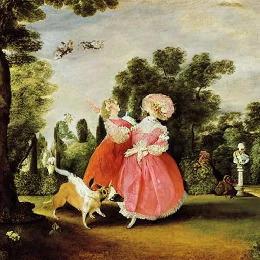 Prompt: oil painting by watteau of two corgis dancing in a formal garden.