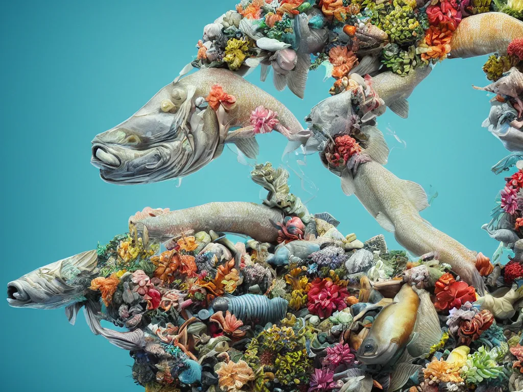 Prompt: a sculpture of fish ocean intertwined, a lovely cornucopia of flowers and human body parts, body parts, highly detailed, octane render, cinematic, shock, sharp focus, an independent sharp, clean, studio lighting
