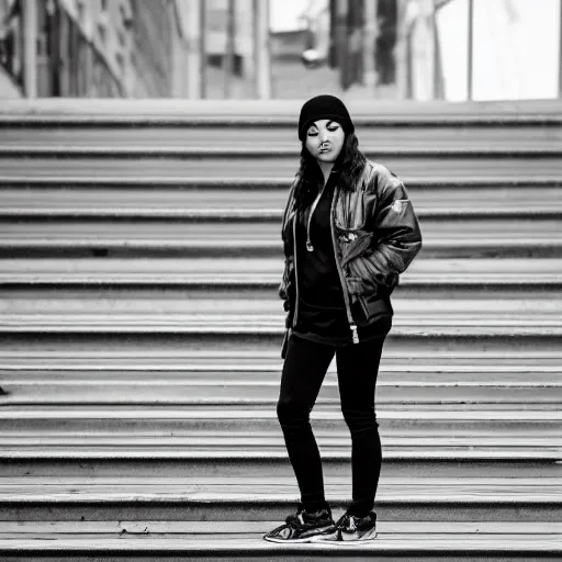 Image similar to Photograph of a mixed woman smoking, wearing a black beanie and black bomber jacket, urban environment, depth of field, 4k, 8k, hd, award-winning, sigma 85mm f/1.4, close up