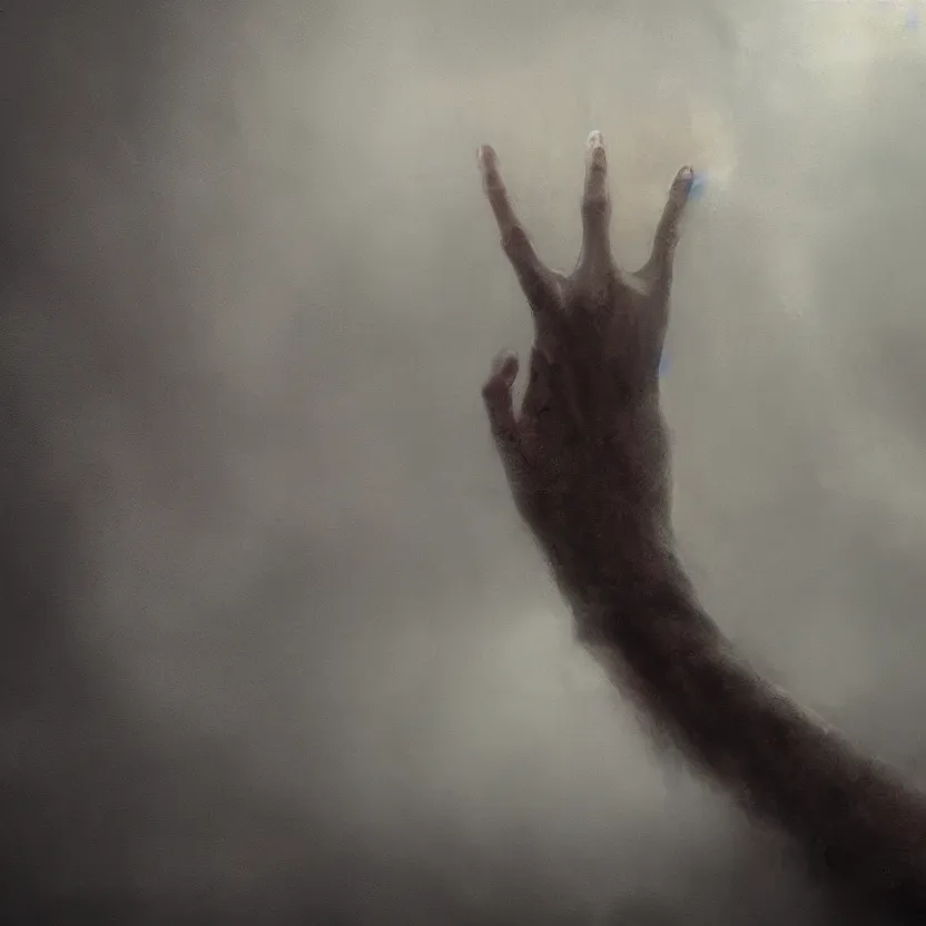 Image similar to a hand emerges from the mist, in the hand is a step ladder, atmospheric, hyper detailed, artistic lighting, 8k, trending on art station