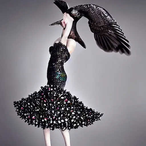 Prompt: “a beautiful woman in a fashionable dress made of pigeons, high fashion, photorealistic, fashion photography”