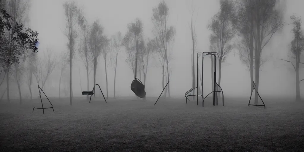 Image similar to foggy spooky play ground with swings and slides at night, dark, haunted by ghosts of children, black and white photography, ISO 1600, low shutterspeed, kyle thompson photography