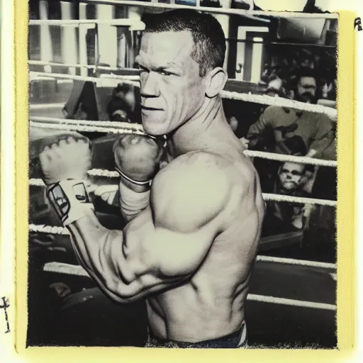 Image similar to John Cena battling in the war, polaroid, photography, damaged, epic,