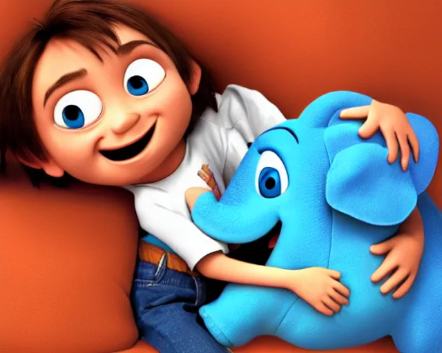 Prompt: detailed cartoon portrait of a little boy hugging his elephant pillow, pixar, sharp high quality