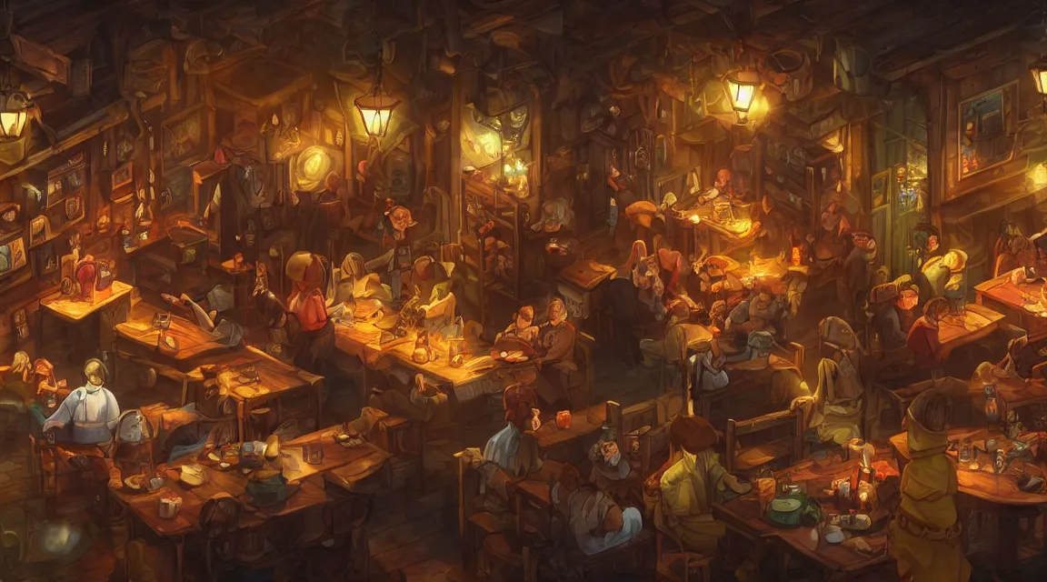 Image similar to A multidimensional cozy tavern, screenshot from anime hidden object game, cinematic lighting, epic composition, cartoon, animation, background art, post processing, 8K resolution