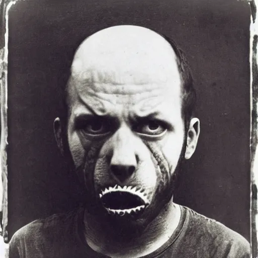 Image similar to photo portrait of ugly brutal animal face male cultist by Diane Arbus and Louis Daguerre