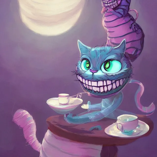 Image similar to cheshire cat drinking tea, by cory loftis, character art, very coherent, exquisite lighting, whimsical background, lighthearted, soft painting, masterpiece