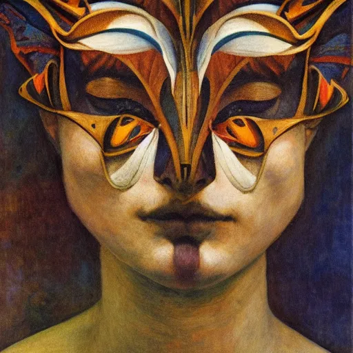 Prompt: the guest in her moth mask, by Annie Swynnerton and Diego Rivera, symbolist, dramatic lighting, elaborate geometric ornament, god rays, rich colors,smooth, sharp focus, extremely detailed