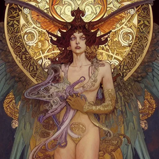 Image similar to beautiful baphomet king, left hand up, right hand down, ad above so below, with wings and tentacles worshiping, artstation by alphonso mucha and jean giraud and craig mullins and ian mccaig and feng zhu and peter mohrbacher