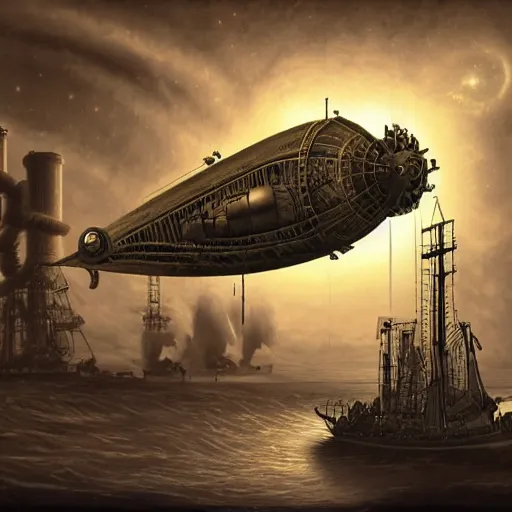 Image similar to A steampunk airship floating in front of a gas giant, by Kevin J. Anderson and Paul Witcover and William F. Wu and James Blish and Cory Doctorow and Neal Stephenson and Jules Verne and Mary Shelley, sharp focus, elegant, highly detailed, intricate, steampunk, beautiful, trending artstation, pixiv, digital art, golden ratio, very detailed