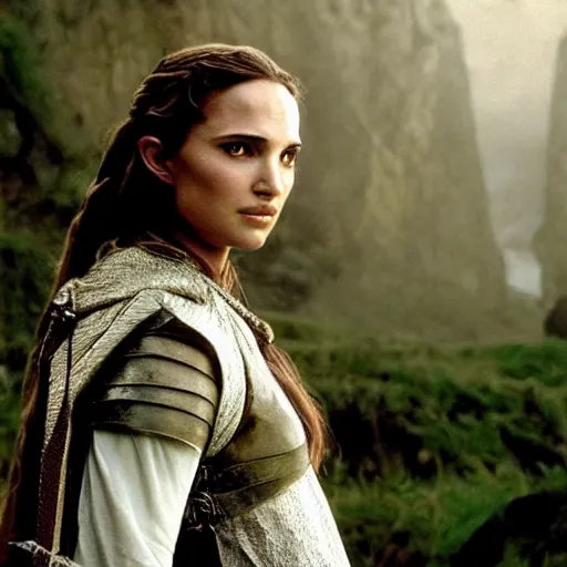 Image similar to a still from “ lord of the rings ” of a head and shoulders portrait of natalie portman as a magical paladin, photo by phil noto